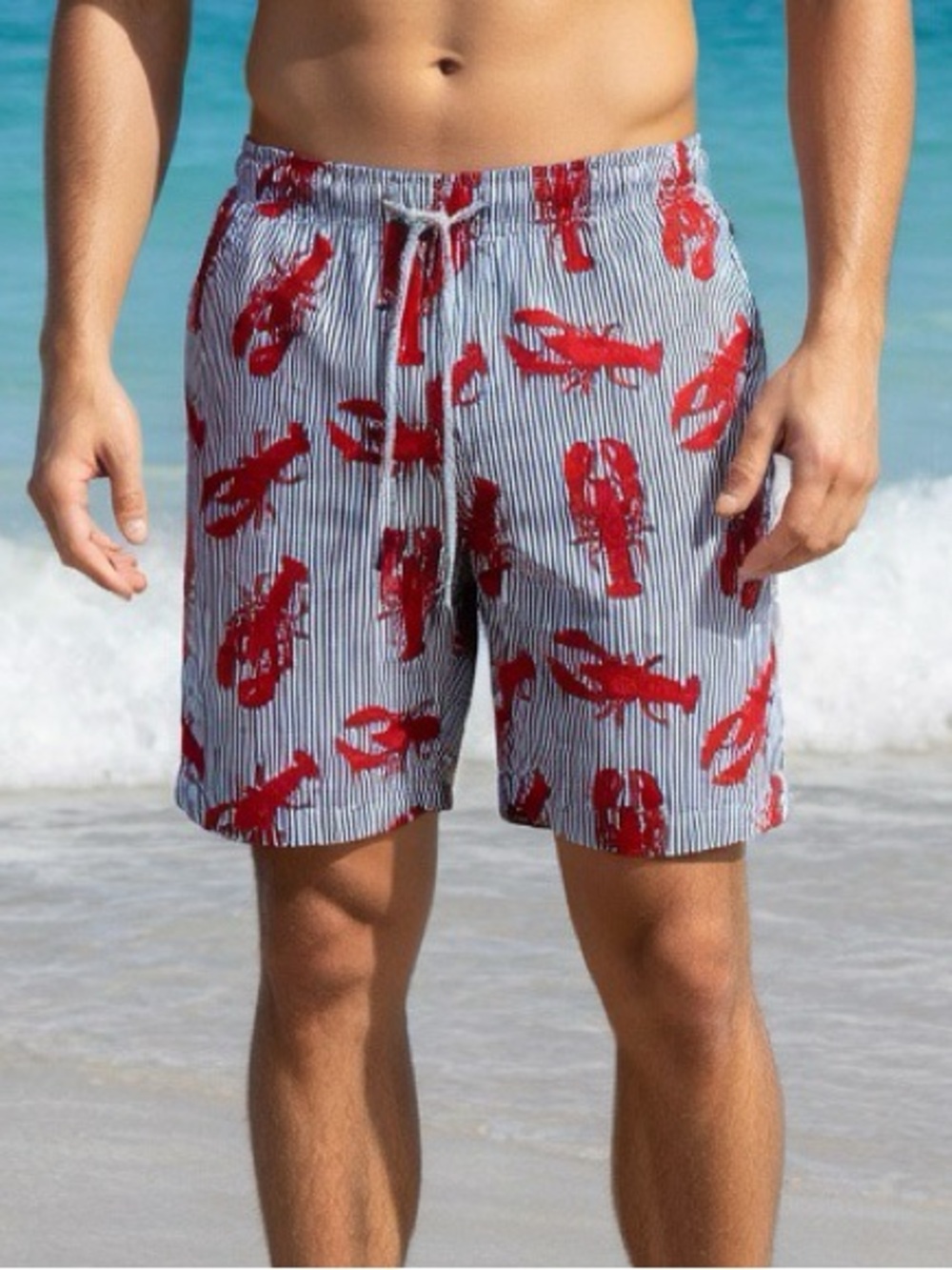 Rainforest Men's Swim Trunks Navy Blue Red White Striped Fun Lobster Print